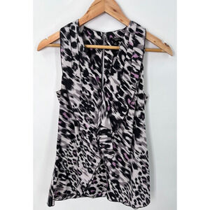 Ann Taylor Silk Abstract Ruffled V-Neck Sleeveless Blouse Black White Women's 4